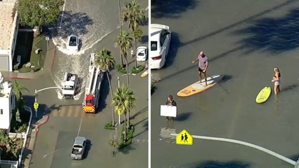 Newport Beach closes its beaches and piers after high tide floods streets Newport Beach closes its beaches and piers after high tide floods streets
